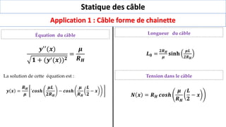 Statique des câble
Application 1 : Câble forme de chainette
La solution de cette équation est :
𝒚 𝒙 =
𝑹𝑯
𝝁
`𝒄𝒐𝒔𝒉
𝝁𝑳
𝟐𝑹𝑯
− 𝒄𝒐𝒔𝒉
𝝁
𝑹𝑯
𝑳
𝟐
− 𝒙
𝒚′′
(𝒙)
𝟏 + (𝒚′(𝒙))𝟐
=
𝝁
𝑹𝑯
𝑳𝟎 =
𝟐𝑹𝑯
𝝁
𝐬𝐢𝐧𝐡
𝝁𝑳
𝟐𝑹𝑯
𝑵 𝒙 = 𝑹𝑯 𝒄𝒐𝒔𝒉
𝝁
𝑹𝑯
𝑳
𝟐
− 𝒙
Équation du câble Longueur du câble
Tension dans le câble
 