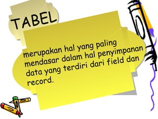 TABEL
merupakan hal yang paling
mendasar dalam hal penyimpanan
data yang terdiri dari field dan
record.
 
