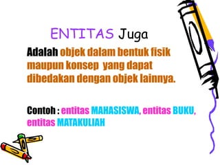 ENTITAS Juga
Adalah objek dalam bentuk fisik
maupun konsep yang dapat
dibedakan dengan objek lainnya.
Contoh : entitas MAHASISWA, entitas BUKU,
entitas MATAKULIAH
 