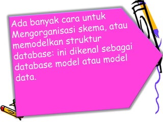 Ada banyak cara untuk
Mengorganisasi skema, atau
memodelkan struktur
database: ini dikenal sebagai
database model atau model
data.
 