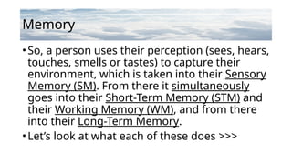 Memory
•So, a person uses their perception (sees, hears,
touches, smells or tastes) to capture their
environment, which is taken into their Sensory
Memory (SM). From there it simultaneously
goes into their Short-Term Memory (STM) and
their Working Memory (WM), and from there
into their Long-Term Memory.
•Let’s look at what each of these does >>>
 