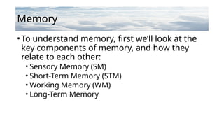 Memory
•To understand memory, first we’ll look at the
key components of memory, and how they
relate to each other:
• Sensory Memory (SM)
• Short-Term Memory (STM)
• Working Memory (WM)
• Long-Term Memory
 