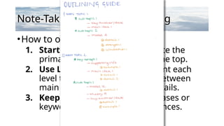Note-Taking Methods: Outlining
•How to outline:
1. Start with the Main Topic: Write the
primary subject or concept at the top.
2. Use Levels for Subtopics: Indent each
level to show the relationship between
main points and supporting details.
3. Keep It Concise: Use short phrases or
keywords rather than full sentences.
 