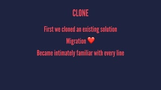 CLONE
First we cloned an existing solution
Migration ❤
Became intimately familiar with every line
 