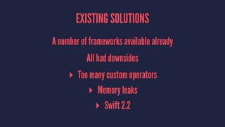EXISTING SOLUTIONS
A number of frameworks available already
All had downsides
▸ Too many custom operators
▸ Memory leaks
▸ Swift 2.2
 