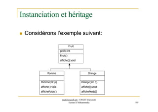 Instanciation et héritage
 Considérons l’exemple suivant:
Fruit
poids:int
Fruit()
affiche():void
Pomme
Pomme(int p)
affiche():void
affichePoids()
Orange
Orange(int p)
affiche():void
affichePoids()
med@youssfi.net | ENSET Université
Hassan II Mohammedia 105
 