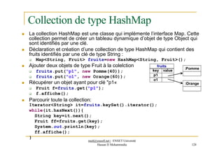 Collection de type HashMap
 La collection HashMap est une classe qui implémente l’interface Map. Cette
collection permet de créer un tableau dynamique d’objet de type Object qui
sont identifiés par une clé.
 Déclaration et création d’une collection de type HashMap qui contient des
fruits identifiés par une clé de type String :
 Map<String, Fruit> fruits=new HashMap<String, Fruit>();
 Ajouter deux objets de type Fruit à la colelction
 fruits.put("p1", new Pomme(40));
 fruits.put("o1", new Orange(60));
:Pomme
fruits
 Récupérer un objet ayant pour clé "p1«
 Fruit f=fruits.get("p1");
 f.affiche();
 Parcourir toute la collection:
Iterator<String> it=fruits.keySet().iterator();
while(it.hasNext()){
String key=it.next();
Fruit ff=fruits.get(key);
System.out.println(key);
ff.affiche();
}
key value
p1
o1
:Orange
med@youssfi.net | ENSET Université
Hassan II Mohammedia 124
 