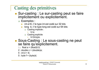 Casting des primitives
 Sur-casting : Le sur-casting peut se faire
implicitement ou explicitement.
 Exemples :
 int a=6; // le type int est codé sur 32 bits
 long b; // le type long est codé sur 64 bits
 Casting implicite :
 b=a;
 Casting explicite
 b=(long)a;
 Sous-Casting : Le sous-casting ne peut
se faire qu’explicitement.
1: float a = (float)5.5;
2 : double c = (double)a;
4 : int d = 8;
5 : byte f = (byte)d;
med@youssfi.net | ENSET Université
Hassan II Mohammedia 28
 