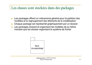Les classes sont stockées dans des packages
 Les packages offrent un mécanisme général pour la partition des
modèles et le regroupement des éléments de la modélisation
 Chaque package est représenté graphiquement par un dossier
 Les packages divisent et organisent les modèles de la même
manière que les dossier organisent le système de fichier
Nom
du paquetage
med@youssfi.net | ENSET Université
Hassan II Mohammedia 47
 