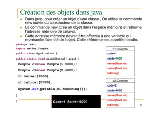 Création des objets dans java
 Dans java, pour créer un objet d’une classe , On utilise la commande
new suivie du constructeur de la classe.
 La commande new Crée un objet dans l’espace mémoire et retourne
l’adresse mémoire de celui-ci.
 Cette adresse mémoire devrait être affectée à une variable qui
représente l’identité de l’objet. Cette référence est appelée handle.
package test;
c
c
1
1
:
:
C
C
o
o
m
m
p
p
t
t
e
e
C
C
o
o
d
d
e
e
=
=
1
1
c1:Compte
50
import metier.Compte;
public class Application {
public static void main(String[] args) {
Compte c1=new Compte(1,5000);
Compte c2=new Compte(2,6000);
c1.verser(3000);
c1.retirer(2000);
System.out.println(c1.toString());
}
}
S
S
o
o
l
l
d
d
e
e
=
=
8
5
0
0
0
0
0
0
v
ve
er
rs
se
er
r(
(f
fl
lo
oa
at
t m
mt
t)
)
r
re
et
ti
ir
re
er
r(
(f
fl
lo
oa
at
t m
mt
t)
)
t
t
o
o
S
S
t
t
r
r
i
i
n
n
g
g
(
(
)
)
c2:Compte
code=2
solde=6000
verser(float mt)
retirer(float mt)
toString()
code=1
solde=6000
verser(float mt)
retirer(float mt)
toString()
Code=m
1 dS
@y
o
ou
ld
ssfe
i.n
=
et |6E
0
N
0
S0
E
 