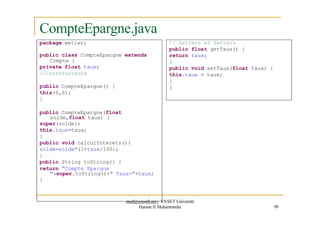 CompteEpargne.java
package metier; // Getters et Setters
public float getTaux() {
return taux;
}
public void setTaux(float taux) {
this.taux = taux;
}
}
public class CompteEpargne extends
Compte {
private float taux;
//Constructeurs
public CompteEpargne() {
this(0,6);
}
public CompteEpargne(float
solde,float taux) {
super(solde);
this.taux=taux;
}
public void calculInterets(){
solde=solde*(1+taux/100);
}
public String toString() {
return "Compte Epargne
"+super.toString()+" Taux="+taux;
}
med@youssfi.net | ENSET Université
Hassan II Mohammedia 99
 