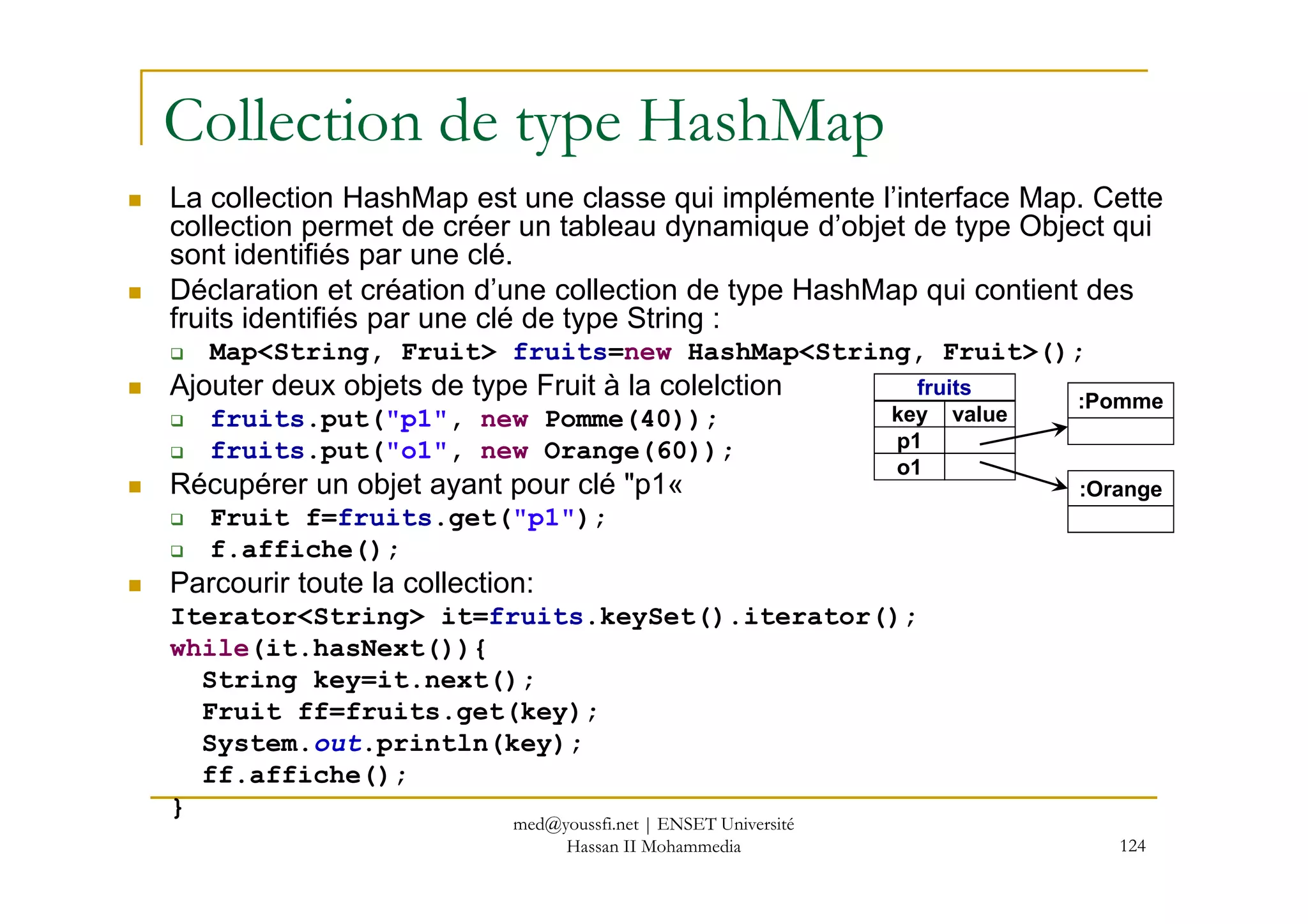 Collection de type HashMap
La collection HashMap est une classe qui implémente l’interface Map. Cette
collection permet de créer un tableau dynamique d’objet de type Object qui
sont identifiés par une clé.
Déclaration et création d’une collection de type HashMap qui contient des
fruits identifiés par une clé de type String :
Map<String, Fruit> fruits=new HashMap<String, Fruit>();
Ajouter deux objets de type Fruit à la colelction
fruits.put("p1", new Pomme(40));
fruits.put("o1", new Orange(60));
key value
p1
o1
:Pomme
fruits
124
fruits.put("o1", new Orange(60));
Récupérer un objet ayant pour clé "p1«
Fruit f=fruits.get("p1");
f.affiche();
Parcourir toute la collection:
Iterator<String> it=fruits.keySet().iterator();
while(it.hasNext()){
String key=it.next();
Fruit ff=fruits.get(key);
System.out.println(key);
ff.affiche();
}
o1
:Orange
med@youssfi.net | ENSET Université
Hassan II Mohammedia
 