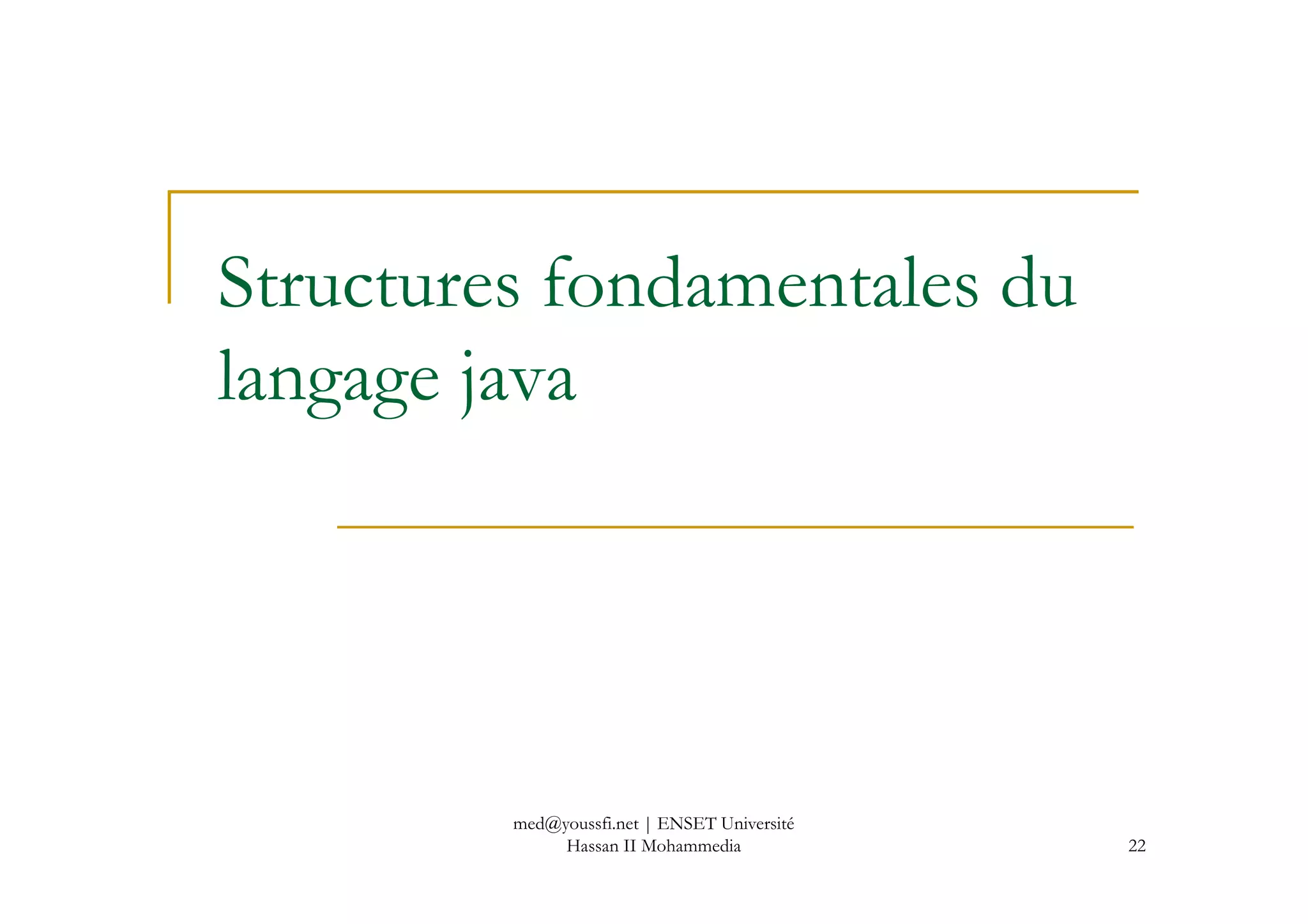 Structures fondamentales du
langage java
22
med@youssfi.net | ENSET Université
Hassan II Mohammedia
 
