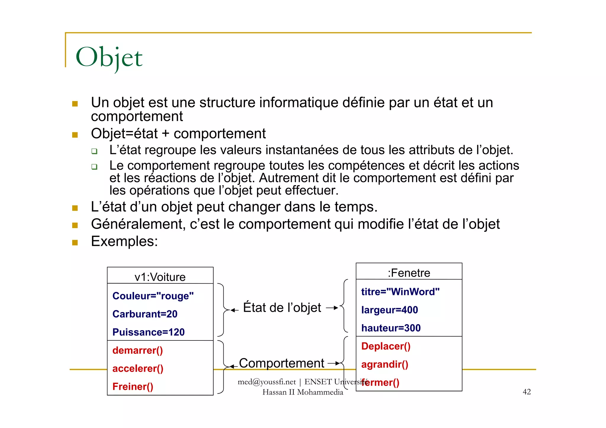 Objet
Un objet est une structure informatique définie par un état et un
comportement
Objet=état + comportement
L’état regroupe les valeurs instantanées de tous les attributs de l’objet.
Le comportement regroupe toutes les compétences et décrit les actions
et les réactions de l’objet. Autrement dit le comportement est défini par
les opérations que l’objet peut effectuer.
L’état d’un objet peut changer dans le temps.
42
L’état d’un objet peut changer dans le temps.
Généralement, c’est le comportement qui modifie l’état de l’objet
Exemples:
v1:Voiture
Couleur="rouge"
Carburant=20
Puissance=120
demarrer()
accelerer()
Freiner()
État de l’objet
Comportement
:Fenetre
titre="WinWord"
largeur=400
hauteur=300
Deplacer()
agrandir()
fermer()med@youssfi.net | ENSET Université
Hassan II Mohammedia
 