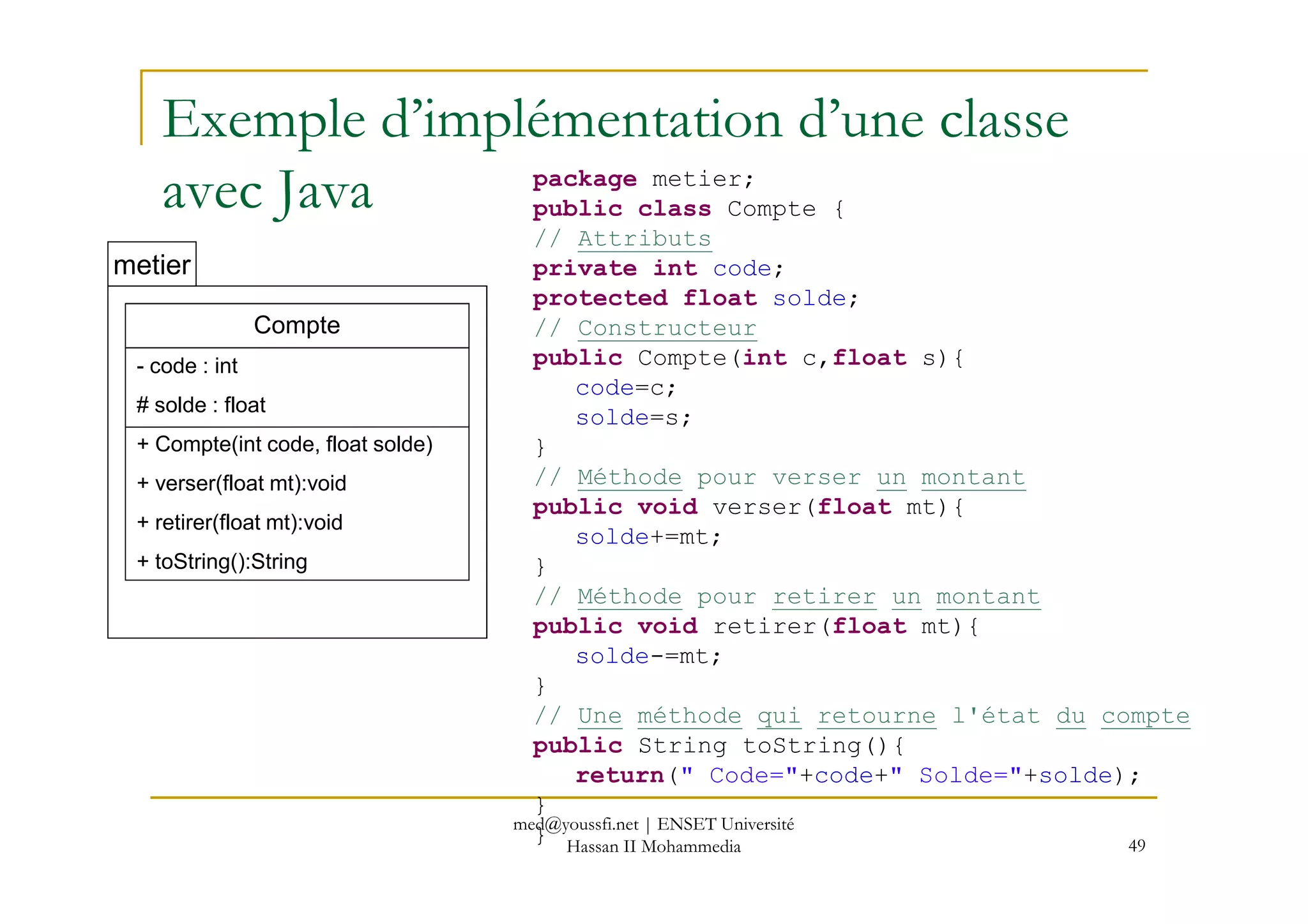 metier
Exemple d’implémentation d’une classe
avec Java package metier;
public class Compte {
// Attributs
private int code;
protected float solde;
// Constructeur
public Compte(int c,float s){
code=c;
solde=s;
}
Compte
- code : int
# solde : float
+ Compte(int code, float solde)
49
// Méthode pour verser un montant
public void verser(float mt){
solde+=mt;
}
// Méthode pour retirer un montant
public void retirer(float mt){
solde-=mt;
}
// Une méthode qui retourne l'état du compte
public String toString(){
return(" Code="+code+" Solde="+solde);
}
}
+ verser(float mt):void
+ retirer(float mt):void
+ toString():String
med@youssfi.net | ENSET Université
Hassan II Mohammedia
 