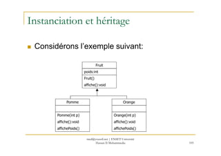 Instanciation et héritage
Considérons l’exemple suivant:
Fruit
poids:int
Fruit()
105
Fruit()
affiche():void
Pomme
Pomme(int p)
affiche():void
affichePoids()
Orange
Orange(int p)
affiche():void
affichePoids()
med@youssfi.net | ENSET Université
Hassan II Mohammedia
 
