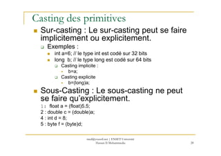 Casting des primitives
Sur-casting : Le sur-casting peut se faire
implicitement ou explicitement.
Exemples :
int a=6; // le type int est codé sur 32 bits
long b; // le type long est codé sur 64 bits
Casting implicite :
b=a;
Casting explicite
28
Casting explicite
b=(long)a;
Sous-Casting : Le sous-casting ne peut
se faire qu’explicitement.
1: float a = (float)5.5;
2 : double c = (double)a;
4 : int d = 8;
5 : byte f = (byte)d;
med@youssfi.net | ENSET Université
Hassan II Mohammedia
 