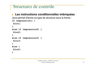 Structures de contrôle
Les instructions conditionnelles imbriquées
Java permet d'écrire ce type de structure sous la forme :
if (expression1) {
bloc1;
}
else if (expression2) {
bloc2;
}
35
}
else if (expression3) {
bloc3;
}
else {
bloc5;
}
med@youssfi.net | ENSET Université
Hassan II Mohammedia
 