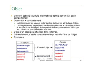 Objet
Un objet est une structure informatique définie par un état et un
comportement
Objet=état + comportement
L’état regroupe les valeurs instantanées de tous les attributs de l’objet.
Le comportement regroupe toutes les compétences et décrit les actions
et les réactions de l’objet. Autrement dit le comportement est défini par
les opérations que l’objet peut effectuer.
L’état d’un objet peut changer dans le temps.
42
L’état d’un objet peut changer dans le temps.
Généralement, c’est le comportement qui modifie l’état de l’objet
Exemples:
v1:Voiture
Couleur="rouge"
Carburant=20
Puissance=120
demarrer()
accelerer()
Freiner()
État de l’objet
Comportement
:Fenetre
titre="WinWord"
largeur=400
hauteur=300
Deplacer()
agrandir()
fermer()med@youssfi.net | ENSET Université
Hassan II Mohammedia
 