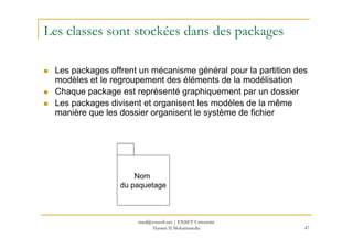 Les classes sont stockées dans des packages
Les packages offrent un mécanisme général pour la partition des
modèles et le regroupement des éléments de la modélisation
Chaque package est représenté graphiquement par un dossier
Les packages divisent et organisent les modèles de la même
manière que les dossier organisent le système de fichier
47
Nom
du paquetage
med@youssfi.net | ENSET Université
Hassan II Mohammedia
 