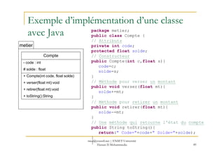 metier
Exemple d’implémentation d’une classe
avec Java package metier;
public class Compte {
// Attributs
private int code;
protected float solde;
// Constructeur
public Compte(int c,float s){
code=c;
solde=s;
}
Compte
- code : int
# solde : float
+ Compte(int code, float solde)
49
// Méthode pour verser un montant
public void verser(float mt){
solde+=mt;
}
// Méthode pour retirer un montant
public void retirer(float mt){
solde-=mt;
}
// Une méthode qui retourne l'état du compte
public String toString(){
return(" Code="+code+" Solde="+solde);
}
}
+ verser(float mt):void
+ retirer(float mt):void
+ toString():String
med@youssfi.net | ENSET Université
Hassan II Mohammedia
 