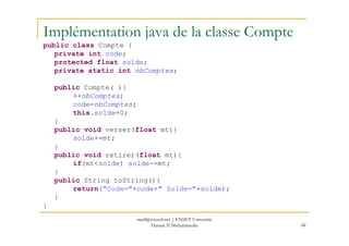 Implémentation java de la classe Compte
public class Compte {
private int code;
protected float solde;
private static int nbComptes;
public Compte( ){
++nbComptes;
code=nbComptes;
this.solde=0;
}
68
}
public void verser(float mt){
solde+=mt;
}
public void retirer(float mt){
if(mt<solde) solde-=mt;
}
public String toString(){
return("Code="+code+" Solde="+solde);
}
}
med@youssfi.net | ENSET Université
Hassan II Mohammedia
 