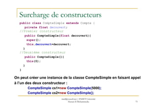 Surcharge de constructeurs
public class CompteSimple extends Compte {
private float decouvert;
//Premier constructeur
public CompteSimple(float decouvert){
super();
this.decouvert=decouvert;
}
//Deuxième constructeur
public CompteSimple(){
75
public CompteSimple(){
this(0);
}
}
On peut créer une instance de la classe CompteSimple en faisant appel
à l’un des deux constructeur :
CompteSimple cs1=new CompteSimple(5000);
CompteSimple cs2=new CompteSimple();
med@youssfi.net | ENSET Université
Hassan II Mohammedia
 