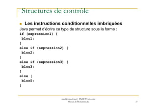 Structures de contrôle
Les instructions conditionnelles imbriquées
Java permet d'écrire ce type de structure sous la forme...