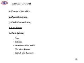 21
TARGET ANATOMY
1. Structural Assemblies
2. Propulsion System
SOLO
3. Flight Control System
4. Fuel System
5. Other Systems
• Crew
• Avionics
• Environmental Control
• Electrical System
• Launch and Recovery
 