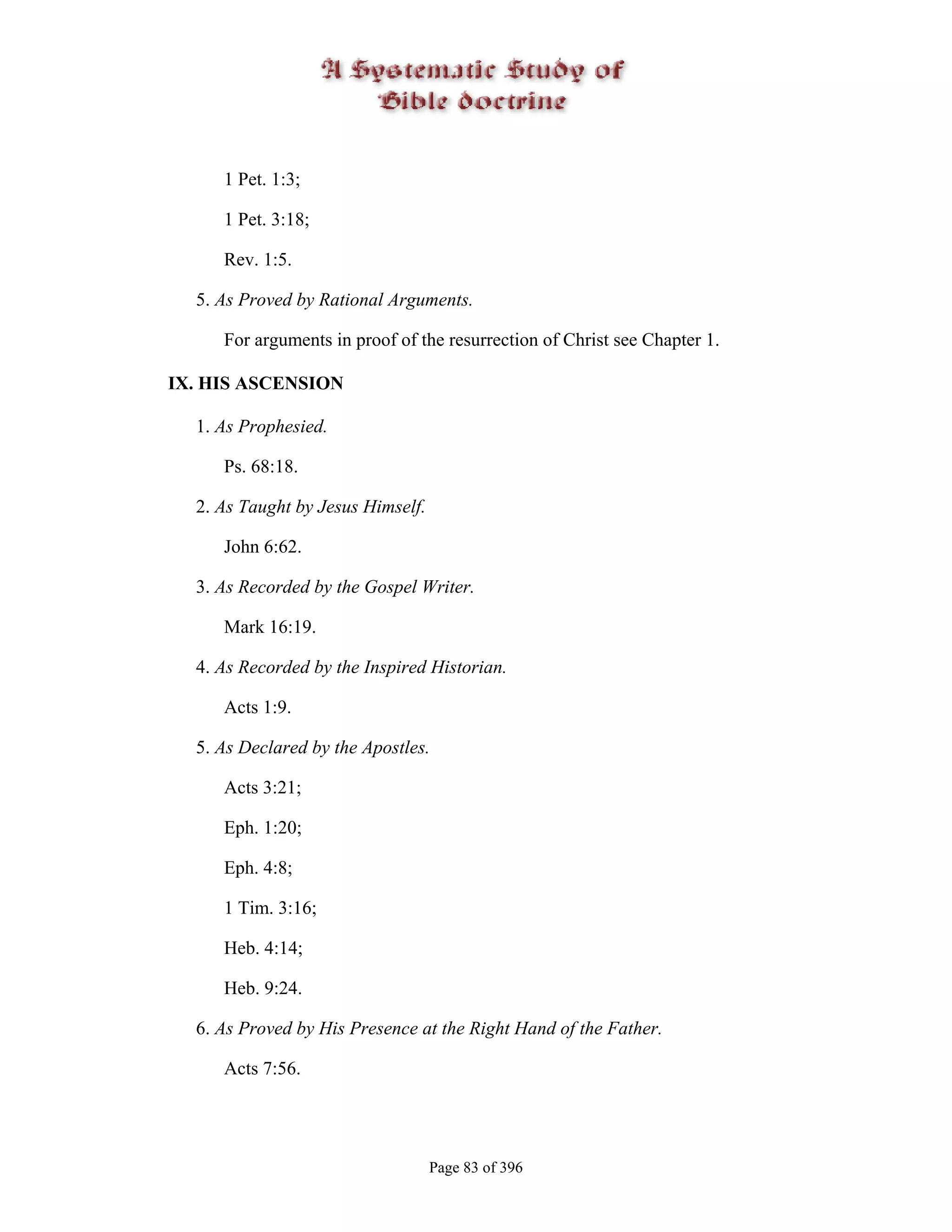 1 Pet. 1:3;

     1 Pet. 3:18;

     Rev. 1:5.

  5. As Proved by Rational Arguments.

     For arguments in proof of the resurrection of Christ see Chapter 1.

IX. HIS ASCENSION

  1. As Prophesied.

     Ps. 68:18.

  2. As Taught by Jesus Himself.

     John 6:62.

  3. As Recorded by the Gospel Writer.

     Mark 16:19.

  4. As Recorded by the Inspired Historian.

     Acts 1:9.

  5. As Declared by the Apostles.

     Acts 3:21;

     Eph. 1:20;

     Eph. 4:8;

     1 Tim. 3:16;

     Heb. 4:14;

     Heb. 9:24.

  6. As Proved by His Presence at the Right Hand of the Father.

     Acts 7:56.




                                   Page 83 of 396
 