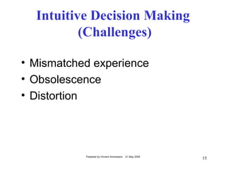 Intuitive Decision Making
          (Challenges)

• Mismatched experience
• Obsolescence
• Distortion




           Prepared by Vincent Amoresano   21 May 2009
                                                         15
 