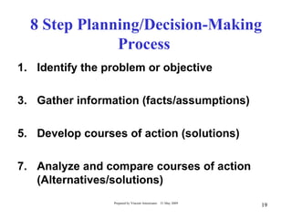 8 Step Planning/Decision-Making
              Process
1. Identify the problem or objective

3. Gather information (facts/assumptions)

5. Develop courses of action (solutions)

7. Analyze and compare courses of action
   (Alternatives/solutions)
                 Prepared by Vincent Amoresano   21 May 2009
                                                               19
 