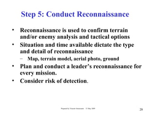 Step 5: Conduct Reconnaissance
• Reconnaissance is used to confirm terrain
  and/or enemy analysis and tactical options
• Situation and time available dictate the type
  and detail of reconnaissance
   – Map, terrain model, aerial photo, ground
• Plan and conduct a leader’s reconnaissance for
  every mission.
• Consider risk of detection.



                    Prepared by Vincent Amoresano   21 May 2009
                                                                  28
 