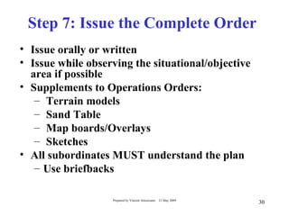 Step 7: Issue the Complete Order
• Issue orally or written
• Issue while observing the situational/objective
  area if possible
• Supplements to Operations Orders:
   – Terrain models
   – Sand Table
   – Map boards/Overlays
   – Sketches
• All subordinates MUST understand the plan
   – Use briefbacks

                   Prepared by Vincent Amoresano   21 May 2009
                                                                 30
 