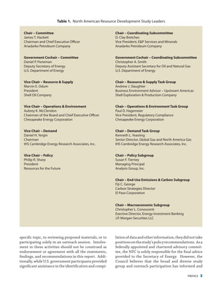 PREFACE 3
lationofdataandotherinformation,theydidnottake
positionsonthestudy’spolicyrecommendations. Asa
federally appointed and chartered advisory commit-
tee, the NPC is solely responsible for the final advice
provided to the Secretary of Energy. However, the
Council believes that the broad and diverse study
group and outreach participation has informed and
specific topic, to reviewing proposed materials, or to
participating solely in an outreach session. Involve-
ment in these activities should not be construed as
endorsement or agreement with all the statements,
findings, and recommendations in this report. Addi-
tionally, while U.S. government participants provided
significant assistance in the identification and compi-
Chair – Committee
James T. Hackett
Chairman and Chief Executive Officer
Anadarko Petroleum Company
Chair – Coordinating Subcommittee
D. Clay Bretches
Vice President, E&P Services and Minerals
Anadarko Petroleum Company
Government Cochair – Committee
Daniel P. Poneman
Deputy Secretary of Energy
U.S. Department of Energy
Government Cochair – Coordinating Subcommittee
Christopher A. Smith
Deputy Assistant Secretary for Oil and Natural Gas
U.S. Department of Energy
Vice Chair – Resource & Supply
Marvin E. Odum
President
Shell Oil Company
Chair – Resource & Supply Task Group
Andrew J. Slaughter
Business Environment Advisor – Upstream Americas
Shell Exploration & Production Company
Vice Chair – Operations & Environment
Aubrey K. McClendon
Chairman of the Board and Chief Executive Officer
Chesapeake Energy Corporation
Chair – Operations & Environment Task Group
Paul D. Hagemeier
Vice President, Regulatory Compliance
Chesapeake Energy Corporation
Vice Chair – Demand
Daniel H. Yergin	
Chairman	
IHS Cambridge Energy Research Associates, Inc.
Chair – Demand Task Group
Kenneth L. Yeasting
Senior Director, Global Gas and North America Gas
IHS Cambridge Energy Research Associates, Inc.
Vice Chair – Policy
Philip R. Sharp	
President	
Resources for the Future
Chair – Policy Subgroup
Susan F. Tierney
Managing Principal
Analysis Group, Inc.
Chair – End-Use Emissions & Carbon Subgroup
Fiji C. George
Carbon Strategies Director
El Paso Corporation
Chair – Macroeconomic Subgroup
Christopher L. Conoscenti
Exective Director, Energy Investment Banking
J.P. Morgan Securities LLC
Table 1. North American Resource Development Study Leaders
 