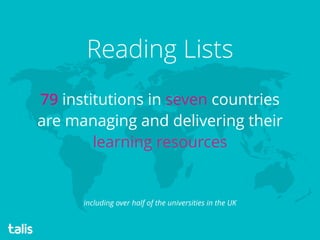 79 institutions in seven countries
are managing and delivering their
learning resources
Reading Lists
including over half of the universities in the UK
 