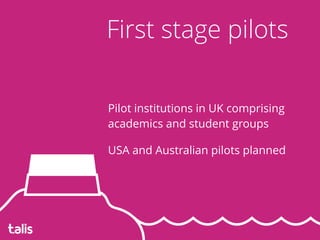 Pilot institutions in UK comprising
academics and student groups
USA and Australian pilots planned
First stage pilots
 