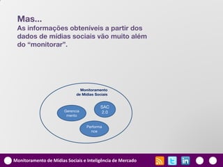 Mas...
 As informações obteníveis a partir dos
 dados de mídias sociais vão muito além
 do “monitorar”.




                               Monitoramento
                             de Mídias Sociais


                                          SAC
                       Gerencia           2.0
                        mento


                                  Performa
                                    nce




Monitoramento de Mídias Sociais e Inteligência de Mercado
 