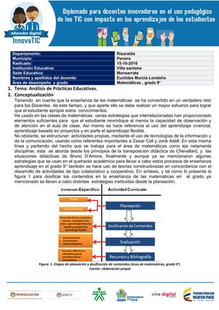 Departamento: Risaralda
Municipio: Pereira
Radicado: 15-10-2016
Institución Educativa: Villa santana
Sede Educativa: Monserrate
Nombres y apellidos del docente: Euclides Murcia Londoño
Área de desempeño y grado Matemáticas , grado 9°
1. Tema: Análisis de Prácticas Educativas.
2. Conceptualización
Teniendo en cuenta que la enseñanza de las matemáticas se ha convertido en un verdadero reto
para los Docentes de este tiempo, y que aparte ello se debe realizar un mayor esfuerzo para lograr
que el estudiante apropie estos conocimientos.
He usado en las clases de matemáticas varias estrategias que interrelacionadas han proporcionado
elementos suficientes para que el estudiante reivindique al menos la capacidad de observación y
de atención en el aula de clase. Así mismo se hace referencia al uso del aprendizaje vivencial,
aprendizaje basado en proyectos y en parte el aprendizaje flexible.
No obstante, se estructuran actividades propias, mediante el uso de tecnologías de la información y
de la comunicación, usando como referentes importantes a Cesar Coll y Jordi Adell. En esta misma
línea y partiendo del hecho que se trabaja para el área de matemáticas como eje netamente
disciplinar, esta se aborda desde los principios de la transposición didáctica de Chevallard, y las
situaciones didácticas de Bruno D’Amore, finalmente y aunque ya se mencionaron algunas
estrategias que se usan en el quehacer académico para llevar a cabo estos procesos de enseñanza
aprendizaje en el grado 9° también se hace uso de teorías constructivistas en concordancia con el
desarrollo de actividades de tipo colaborativo y cooperativo. En síntesis, y tal como lo presenta la
figura 1 para dosificar los contenidos en la enseñanza de las matemáticas en el grado ya
mencionado se llevan a cabo distintas estrategias instituidas desde la planeación.
Figura 1. Etapas de planeación y dosificación de contenidos (área de matemáticas, grado 9°)
Fuente: elaboración propia
 