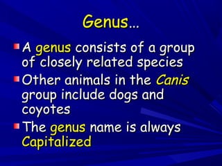Genus…
A genus consists of a group
of closely related species
Other animals in the Canis
group include dogs and
coyotes
The genus name is always
Capitalized

 
