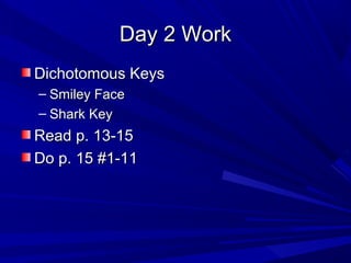 Day 2 Work
Dichotomous Keys
– Smiley Face
– Shark Key

Read p. 13-15
Do p. 15 #1-11

 