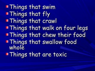 Things that swim
Things that fly
Things that crawl
Things that walk on four legs
Things that chew their food
Things that swallow food
whole
Things that are toxic

 