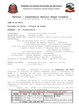 TRIBUNAL DE CONTAS DO ESTADO DE SÃO PAULO
Gabinete do Conselheiro Antonio Roque Citadini
Relator – Conselheiro Antonio Roque Citadini
14ªSESSÃO ORDINARIA DE SEGUNDA CÂMARA DE 19/ 05/2015
ITEM 06 da Pauta
Prestação de Contas – Contrato de Gestão
PROCESSO : TC - 013682/026/13
CONTRATANTE : Secretaria de Estado da Saúde
ORGANIZAÇÃO SOCIAL : Fundação do ABC
ENTIDADE GERENCIADA : Hospital Estadual “Mario Covas” de Santo André
RESPONSÁVEL:
Pela SS: Giovanni Guido Cerri – Secretário
: José Manoel de Camargo Teixeira – substituto
: Sonia Aparecida Alves – assistente de coordenador
Pela OSS: Desiré Carlos Callegari–superintendente do hospital
: Wagner Octávio Boratto e Mauricio Marcos Mindrisz –
presidentes da Fundação
Cristiane Moura Gáscon – Diretora Economica Financeira
Pela Comissão: Haino Burmester - coordenador
De Avaliação Andréa Kawakami – diretor Tecnico II
Eduardo Ribeiro Adriano – Coordenador
Advogados da Fundação: Tatyana Mara Palma – OAB/SP nº 203.129
MATÉRIA EM EXAME : Prestação de Contas – exercício de 2012
VALOR : R$ 61.896.802,17
Em exame a Prestação de Contas do exercício de 2012
relativas ao Contrato de Gestão celebrado entre a Secretaria da
Saúde e a Fundação do ABC para operacionalização da gestão e
execução das atividades e serviços da saúde no Hospital Estadual
“Mario Covas” de Santo André.
O Contrato de Gestão nº 413/07 de 29/06/07, e os Termos
Aditivos e as prestações de contas de 2008 e 2009, já foram julgados
regulares por Decisões de 2ª Câmara, Acórdãos publicados em 22/03/13
e 21/03/14.
Quadro dos termos de Retirratificações e Aditivos
referentes aos exercícios, ora examinados:
Demonstração da Execução Financeira de 2012
Termo Data Valor R$ Observação
Nº 01/12 26.12.11 121.128.000,00 Exercício de 2012
Nº 02/12 27.04.12 1.000.000,00 INVESTIMENTOS
Nº 03/12 05.06.12 - alterou a vigência dos TA’s 01/02
Total 122.128.000,00
 