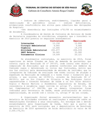 TRIBUNAL DE CONTAS DO ESTADO DE SÃO PAULO
Gabinete do Conselheiro Antonio Roque Citadini
- índices de cobertura, endividamento, liquidez geral e
imobilização do patrimônio social – índices deficitários,
evidenciando insuficiência dos ativos para cobertura das obrigações
do Hospital;
-não observância das Instruções nº01/08 no encaminhamento
de documentos.
A Coordenadoria de Gestão de Contratos de Serviços de Saúde
da Secretaria respondeu às ocorrências, alegando: que o nosocômio no
exercício de 2010 prestou os seguintes atendimentos:
Contratado Realizado
Internações 12.158 12.846
Cirurgia Ambulatorial 4.065 5.066
Urgência 12.000 19.278
Atividade Ambulatorial 205.477 206.039
SADT Externo 36.945 35.960
Tratamentos Clínicos 19.599 20.121
Os atendimentos contratados, no exercício de 2010, foram
superiores às metas fixadas em face da demanda de pacientes; que
constou copia da Resolução SS nº 247/07, onde consta como objeto a
composição de Avaliação; que os poderes conferidos aos membros da
Comissão supre o determinado no inciso das Instruções, motivo que
nos faz concluir pela desnecessidade de emissão de certidão; que os
integrantes da Comissão de avaliação tem termo inicial de atuação a
expedição da Resolução de nomeação e o termo final o normativo que a
altere, o que ocorreu em 10/09/11, através da Resolução SS nº
88/2011; que os Drs Cláudio de Oliveira e Ney Rodrigues Junior
representavam o Conselho Estadual de Saúde e os Drs Celso Antonio
Giglio e Marcos Martins a Assembleia Legislativa do Estado, em
consonância à exigência legal contida no artigo 9º, inciso III, da
Lei Complementar nº 846/98; que os demais integrantes foram
indicados pelo Secretario da Saúde, sendo profissionais de notória
especialização, de acordo com o inciso II, artigo 9º da Lei citada.
A Organização Social apresentou esclarecimentos: que o
Relatório de Atividades contendo as realizações e exposição sobre as
Demonstrações Contábeis e seus resultados, foi entregue sem o devido
encaminhamento pela Organização de Saúde, fato que a partir do
exercício de 2011 será corrigido; que o demonstrativo de Resultado
do Exercício de 2010 apresentou um saldo deficitário no valor de R$
2.200.170,35:
 