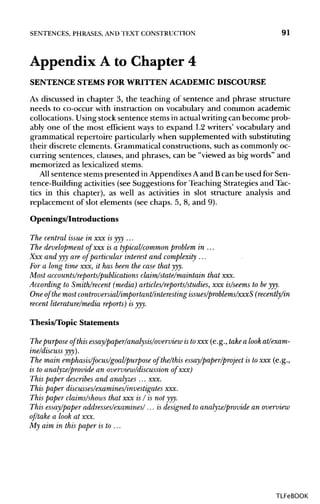 SENTENCES, PHRASES, ANDTEXT CONSTRUCTION 91
Appendix A to Chapter 4
SENTENCE STEMS FOR WRITTEN ACADEMIC DISCOURSE
As discussed in chapter 3, the teaching of sentence and phrase structure
needs to co-occur with instruction on vocabulary and common academic
collocations. Using stock sentence stems in actualwritingcan become prob-
ably one of the most efficient ways to expand L2 writers' vocabulary and
grammatical repertoire particularly when supplemented with substituting
their discrete elements. Grammatical constructions, such as commonly oc-
curring sentences, clauses, and phrases, can be "viewed as big words" and
memorized as lexicalized stems.
All sentence stemspresented in Appendixes Aand Bcan be used for Sen-
tence-Building activities (see Suggestions for Teaching Strategies and Tac-
tics in this chapter), as well as activities in slot structure analysis and
replacement of slot elements (see chaps. 5, 8, and 9).
Openings/Introductions
The central issue in xxx is yyy ...
The development of xxx is a typical/common problem in ...
Xxx and yyy are of particular interest and complexity ...
For a long time xxx, it has been the case that yyy.
Most accounts/reports/publications claim/state/maintain that xxx.
According to Smith/recent (media) articles/reports/studies, xxx is/seems to be yyy.
One of the most controversial/important/interesting issues/problems/xxxS (recently/in
recent literature/media reports) is yyy.
Thesis/Topic Statements
The purpose of this essay/paper/analysis/overview is toxxx (e.g., take a look at/exam-
ine/discuss yyy).
The main emphasis/focus/goal/purpose of the/this essay/paper/project is to xxx (e.g.,
is to analyze/provide an overview/discussion of xxx)
This paper describes and analyzes ... xxx.
This paper discusses/examines/investigates xxx.
This paper claims/shows that xxx is / is not yyy.
This essay/paper addresses/examines/... is designed to analyze/provide an overview
of/take a look at xxx.
My aim in this paper is to ...
TLFeBOOK
 