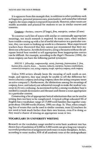 NOUNS ANDTHE NOUN PHRASE 99
It isapparent from this example that, in addition to other problems such
as fragments, personal pronoun uses, punctuation, and somewhat informal
register, the noun company isrepeated excessively.However, other nouns are
readily accessible and practical for students to use in similar courses and
contexts:
Company—business, concern (if large), firm, enterprise, venture (if new)
To construct such lists of nouns with similar or contextually appropriate
meanings, not much research is required. In many cases, when teachers
have trouble coming up with a list of useful alternatives in a particular con-
text, they can resort to looking up words in a thesaurus. Most experienced
teachers have discovered that they cannot just recommend that their stu-
dents use a thesaurus. Aswithdictionaries, using a thesaurus without the ad-
equate lexical base needed to tell appropriate from inappropriate entries
can be difficult. For example, according to the Roget's Thesaurus (1994), the
noun company can have the following partial synonyms:
NOUNS 1. fellowship, companionship, society, fraternity, fraternization 2. firm,
business firm, concern, house,... business, industry, enterprise, business establishment,
commercial enterprise; cast, acting company, troupe, repertory company, stock company
Unless NNS writers already know the meaning of such words as cast,
troupe, and repertory, they may simply be unable to tell the difference be-
tween a business company and acting company (does the acting company mean
an active company?).Furthermore, the distinctionsamong the meanings of
company, house, and industry are substantial enough to make the student's ex-
cerpt in (3)very confusing.Asmentioned earlier, a strong vocabularybase is
needed to consult dictionaries and thesauri and choose a noun appropriate
in a particular context.
Constructing a list of appropriate lexical substitutionsthat can be used in
writing does not have to be complicated. A typical college-educated NSof
English has a vocabulary range of 17,000 word families that together com-
prise about 150,000 words (Nation, 1990; see chap. 3).Thus, when compil-
ing lists of nouns that can be used in similar contexts, most L2 teachers do
not need to look much farther than their own lexicon, even if in doing so
they stand a chance of missing an appropriate noun or two.
VOCABULARY IN UNIVERSITY WRITING
Research on the vocabulary range needed to write basic academic text has
shown that a foundation of 2,000 to 3,000 words can go a longwaytoward a
successful production ofassignments and essays in many disciplines. In fact,
according to some studies, 95% of all academic texts at the undergraduate
TLFeBOOK
 