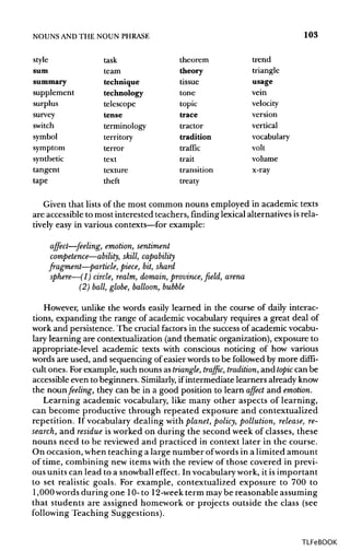 NOUNS ANDTHE NOUN PHRASE 103
style task theorem trend
sum team theory triangle
summary technique tissue usage
supplement technology tone vein
surplus telescope topic velocity
survey tense trace version
switch terminology tractor vertical
symbol territory tradition vocabulary
symptom terror traffic volt
synthetic text trait volume
tangent texture transition x-ray
tape theft treaty
Given that lists of the most common nouns employed in academic texts
are accessible to most interested teachers, finding lexical alternatives isrela-
tively easy in various contexts—for example:
affect—feeling, emotion, sentiment
competence—ability, skill, capability
fragment—-particle, piece, bit, shard
sphere—(1) circle, realm, domain, province, field, arena
(2) ball, globe, balloon, bubble
However, unlike the words easily learned in the course of daily interac-
tions, expanding the range of academic vocabulary requires a great deal of
work and persistence. The crucial factors in the success of academic vocabu-
lary learning are contextualization (and thematic organization), exposure to
appropriate-level academic texts with conscious noticing of how various
words are used, and sequencing of easier words to be followed by more diffi-
cult ones. For example, such nouns astriangle, traffic, tradition, and topic can be
accessible even to beginners. Similarly, ifintermediate learners already know
the nounfeeling, they can be in a good position to learn affect and emotion.
Learning academic vocabulary, like many other aspects of learning,
can become productive through repeated exposure and contextualized
repetition. If vocabulary dealing with planet, policy, pollution, release, re-
search, and residue is worked on during the second week of classes, these
nouns need to be reviewed and practiced in context later in the course.
On occasion, when teaching a large number ofwords in a limited amount
of time, combining new items with the review of those covered in previ-
ous units can lead to a snowball effect. In vocabulary work, it is important
to set realistic goals. For example, contextualized exposure to 700 to
1,000 words during one 10-to 12-weekterm maybe reasonable assuming
that students are assigned homework or projects outside the class (see
following Teaching Suggestions).
TLFeBOOK
 
