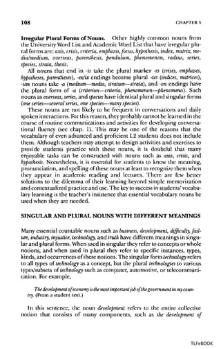 108 CHAPTER 5
Irregular Plural Forms of Nouns. Other highly common nouns from
the University Word List and Academic Word List that have irregular plu-
ral forms are: axis, crisis, criteria, emphasis,focus, hypothesis, index, matrix, me-
dia/medium, overseas, parenthesis, pendulum, phenomenon, radius, series,
species, strata,thesis.
All nouns that end in -is take the plural marker -es (crises, emphases,
hypotheses, parentheses), -ex/ix endings become plural -ces(indices, matrices),
-um nouns take -a (medium—media, stratum—strata), and -on endings have
the plural form of -a (criterion—criteria, phenomenon—phenomena). Such
nouns as overseas,series, and species have identical plural and singular forms
(one series—several series, one species—many species).
These nouns are not likely to be frequent in conversations and daily
spoken interactions. For this reason, they probably cannot be learned in the
course of routine communications and activities for developing conversa-
tional fluency (see chap. 1). This may be one of the reasons that the
vocabulary of even advanced and proficient L2 students does not include
them. Although teachers may attempt to design activitiesand exercises to
provide students practice with these nouns, it is doubtful that many
enjoyable tasks can be constructed with nouns such as axis, crisis, and
hypothesis. Nonetheless, it is essential for students to know the meaning,
pronunciation, and spelling of these nouns at least to recognize them when
they appear in academic reading and lectures. There are few better
solutions to the dilemma of their learning beyond simple memorization
and contextualized practice and use. The keyto success in students' vocabu-
lary learning is the teacher's insistence that essential vocabulary nouns be
used when they are needed.
SINGULAR AND PLURALNOUNS WITH DIFFERENT MEANINGS
Many essential countable nouns such as business, development, difficulty, fail-
ure, industry, injustice, technology, and truthhave different meanings in singu-
lar and plural forms.When used in singular they refer to concepts or whole
notions, and when used in plural they refer to specific instances, types,
kinds, and occurrences of these notions. The singular form technology refers
to all types of technology as a concept, but the plural technologies to various
types/subsets of technology such as computer, automotive, or telecommuni-
cation. For example,
The development of economy isthe most importantjob of thegovernment in my coun-
try. (From a student text.)
In this sentence, the noun development refers to the entire collective
notion that consists of many components, such as the development of
TLFeBOOK
 