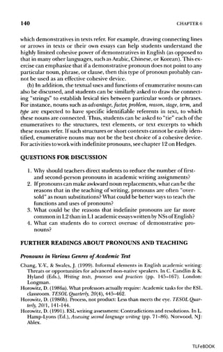140 CHAPTER 6
which demonstratives in texts refer. For example, drawing connecting lines
or arrows in texts or their own essays can help students understand the
highly limited cohesive power of demonstratives in English (as opposed to
that in many other languages, such asArabic, Chinese, or Korean).This ex-
ercise can emphasize that ifa demonstrative pronoun does not point to any
particular noun, phrase, or clause, then this type of pronoun probably can-
not be used as an effective cohesive device.
(b) In addition, the textual uses and functions of enumerative nouns can
also be discussed, and students can be similarly asked to draw the connect-
ing "strings" to establish lexical ties between particular words or phrases.
For instance, nouns such as advantage, factor, problem, reason, stage, term, and
type are expected to have specific identifiable referents in text, to which
these nouns are connected. Thus, students can be asked to "tie" each of the
enumeratives to the structures, text elements, or text excerpts to which
these nouns refer. If such structures or short contexts cannot be easily iden-
tified, enumerative nouns may not be the best choice of a cohesive device.
For activities toworkwithindefinite pronouns, see chapter 12on Hedges.
QUESTIONS FOR DISCUSSION
1. Why should teachers direct students to reduce the number of first-
and second-person pronouns in academic writingassignments?
2. If pronouns can make awkwardnoun replacements, what can be the
reasons that in the teaching of writing, pronouns are often "over-
sold" as noun substitutions? What could be better ways to teach the
functions and uses of pronouns?
3. What could be the reasons that indefinite pronouns are far more
common in L2 than in L1 academic essayswrittenby NSsof English?
4. What can students do to correct overuse of demonstrative pro-
nouns?
FURTHER READINGSABOUT PRONOUNS AND TEACHING
Pronouns in Various Genres of Academic Text
Chang, Y.-Y, & Swales, J. (1999). Informal elements in English academic writing:
Threats or opportunities for advanced non-native speakers. In C. Candlin &K.
Hyland (Eds.), Writing texts, processes and practices (pp. 145-167). London:
Longman.
Horowitz, D. (1986a). What professors actually require: Academic tasks for the ESL
classroom. TESOL Quarterly, 20(4), 445-462.
Horowitz, D. (1986b). Process, not product: Less than meets the eye.TESOL Quar-
terly, 20/1, 141-144.
Horowitz, D. (1991). ESLwriting assessment: Contradictions and resolutions. In L.
Hamp-Lyons (Ed.), Assessing second language writing (pp.71-86). Norwood, NJ:
Ablex.
TLFeBOOK
 