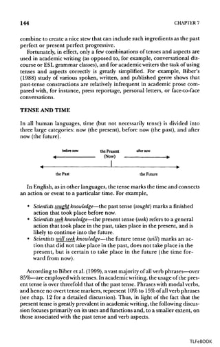 144 CHAPTER 7
combine to create a nice stew that can include such ingredients as the past
perfect or present perfect progressive.
Fortunately, in effect, only a few combinations of tenses and aspects are
used in academic writing (as opposed to, for example, conversational dis-
course or ESL grammar classes),and for academic writers the task ofusing
tenses and aspects correctly is greatly simplified. For example, Biber's
(1988) study of various spoken, written, and published genre shows that
past-tense constructions are relatively infrequent in academic prose com-
pared with, for instance, press reportage, personal letters, or face-to-face
conversations.
TENSE AND TIME
In all human languages, time (but not necessarily tense) is divided into
three large categories: now (the present), before now (the past), and after
now (the future).
In English, asin other languages, the tense marks the time and connects
an action or event to a particular time. For example,
• Scientists sought knowledge—the past tense (sought) marks a finished
action that took place before now.
• Scientists seek knowledge—the present tense (seek) refers to a general
action that took place in the past, takes place in the present, and is
likely to continue into the future.
• Scientists will seek knowledge—thefuture tense (will) marks an ac-
tion that did not take place in the past, does not take place in the
present, but is certain to take place in the future (the time for-
ward from now).
According to Biber et al. (1999), avast majorityof allverb phrases—over
85%—are employed with tenses. In academic writing, the usage of the pres-
ent tense is over threefold that of the past tense. Phrases with modal verbs,
and hence no overt tense markers, represent 10%to 15% of allverb phrases
(see chap. 12 for a detailed discussion).Thus, in light of the fact that the
present tense is greatly prevalent in academic writing,the following discus-
sion focuses primarily on itsuses and functions and, to a smaller extent, on
those associated with the past tense and verb aspects.
TLFeBOOK
 